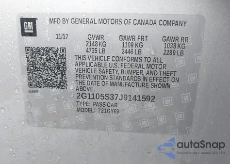2018 Chevrolet Impala 1Lt z USA, uszkodzony, nr VIN 2G1105S37J9141592